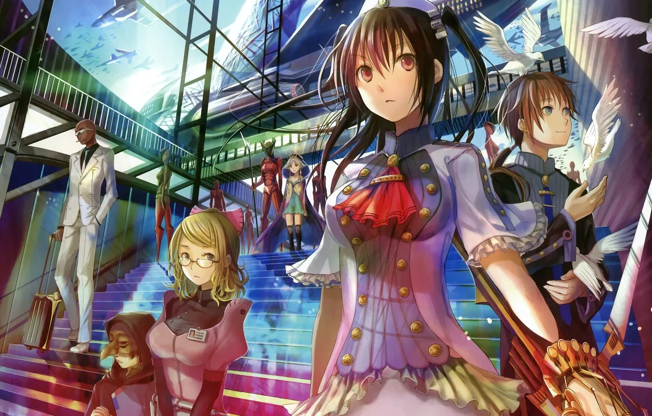 Photo wallpaper girl, bird, station, ladder, guy, the plane, fuji choko