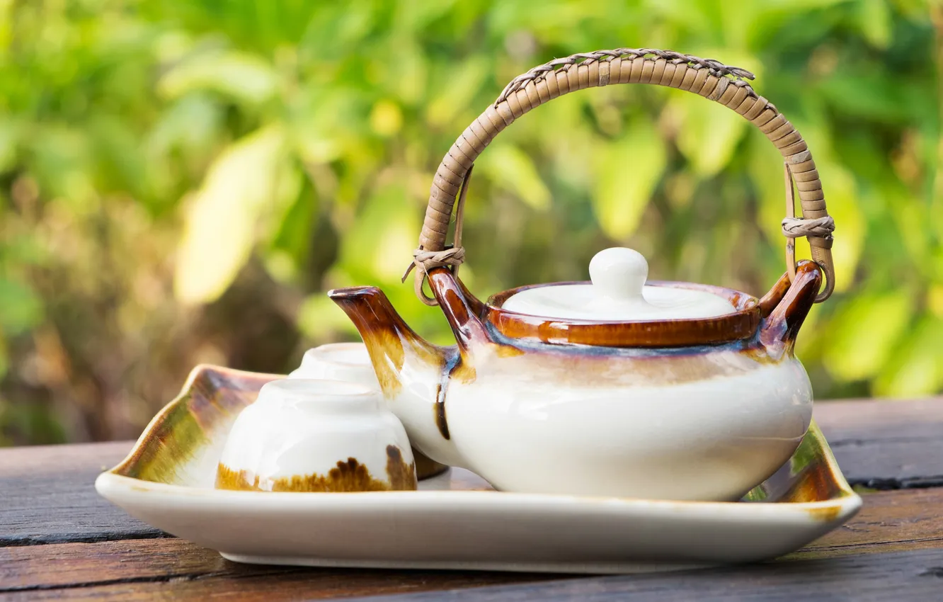 Photo wallpaper greens, kettle, mug, tray