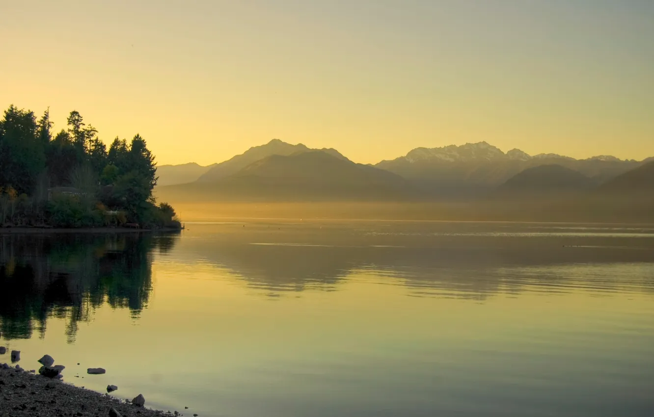 Photo wallpaper forest, landscape, mountains, nature, river, background, dawn, Wallpaper