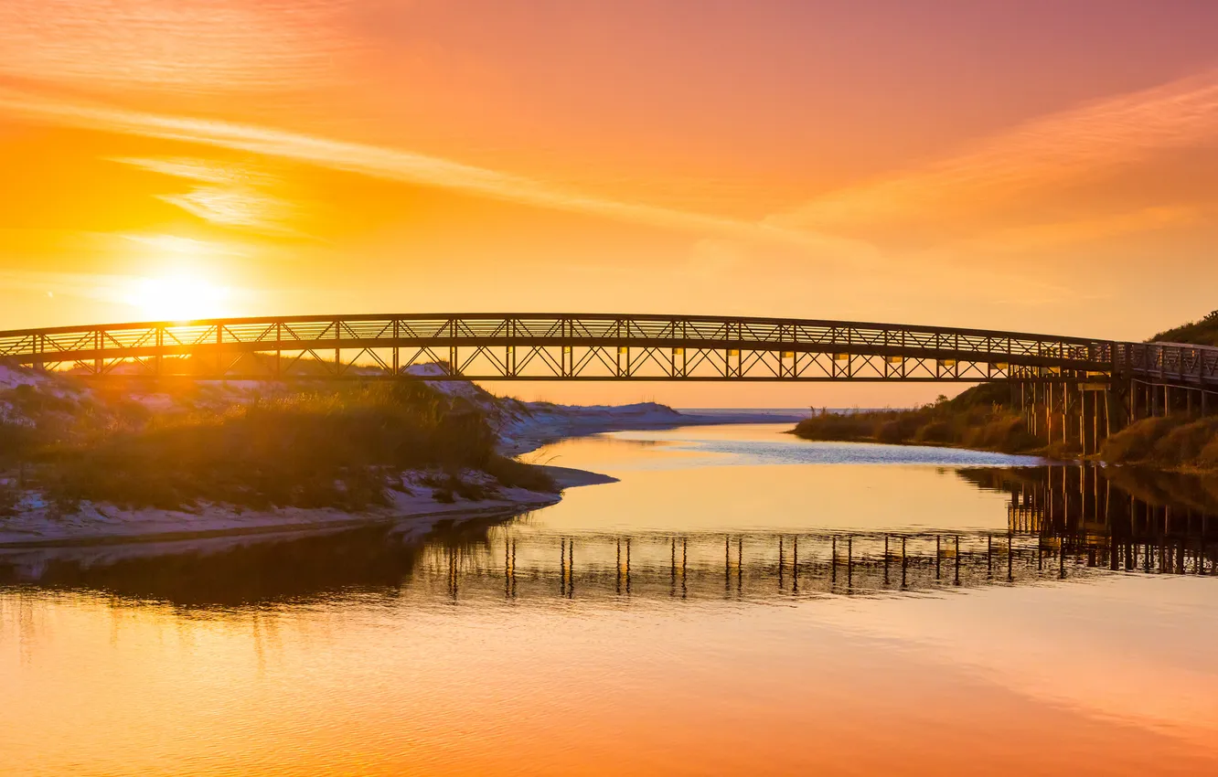 Photo wallpaper sunset, bridge, lake, river, orange sky
