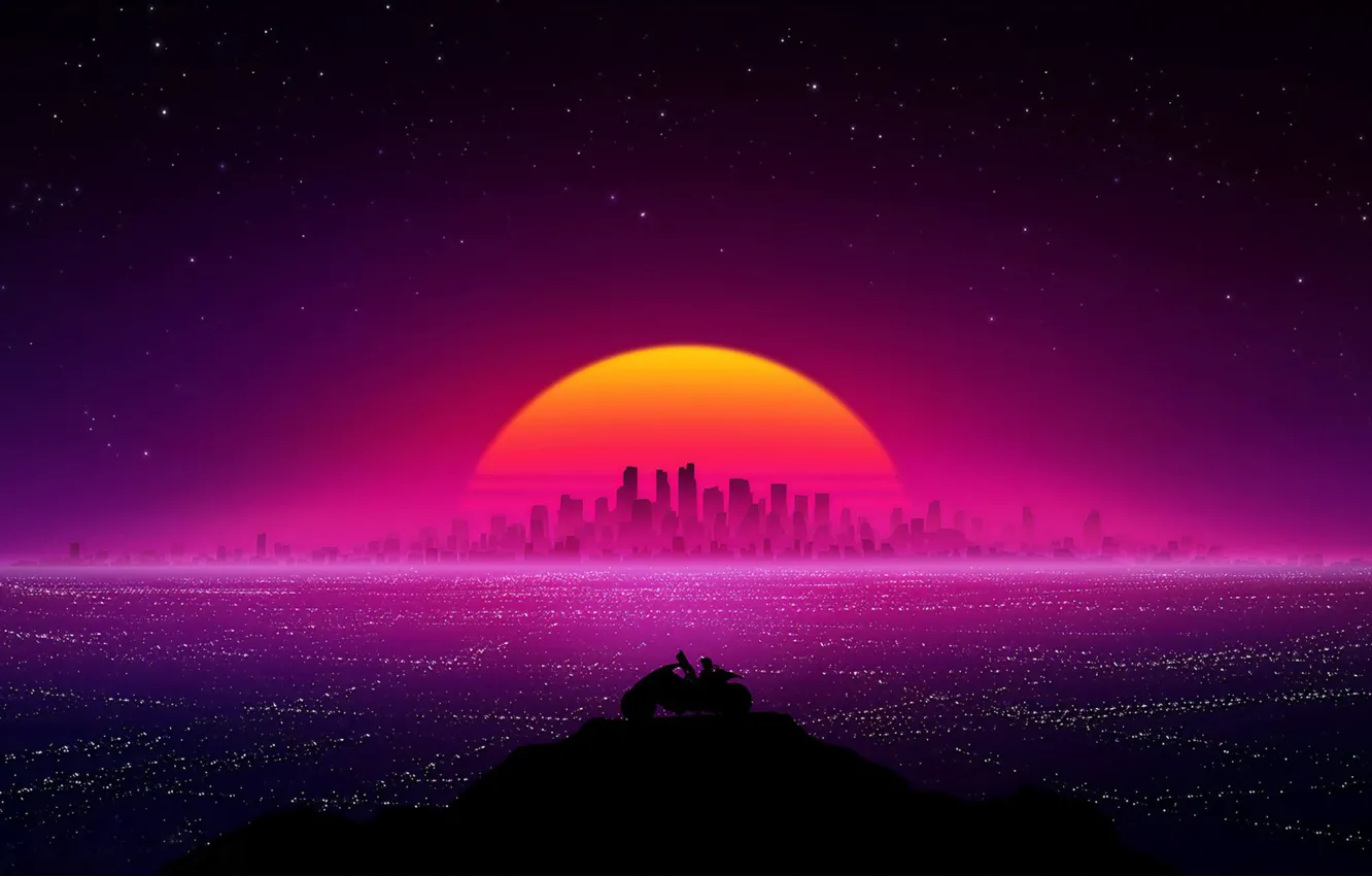 Photo wallpaper city, lights, art, sun, dawn