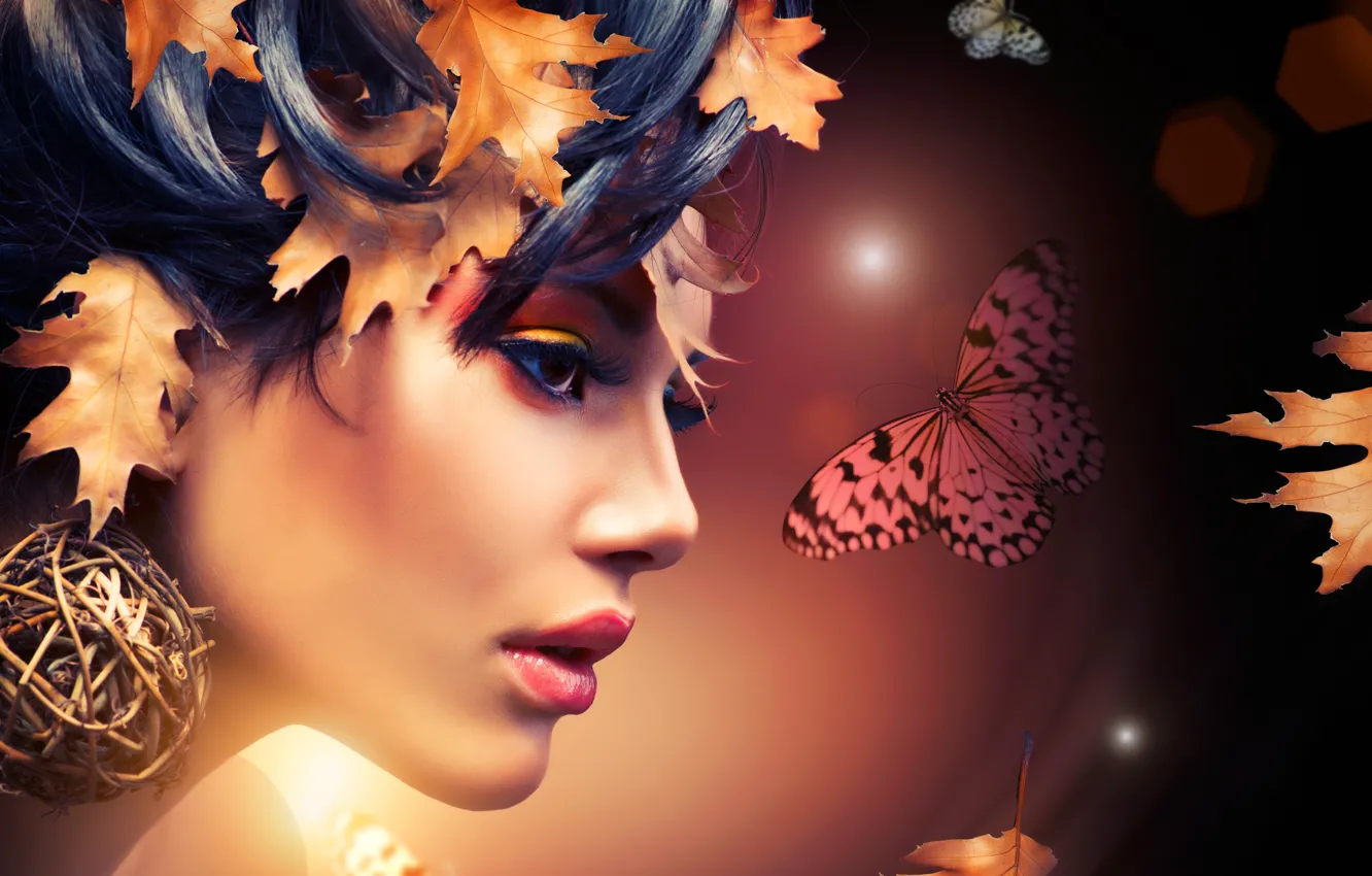 Photo wallpaper leaves, girl, abstraction, face, butterfly, makeup, profile
