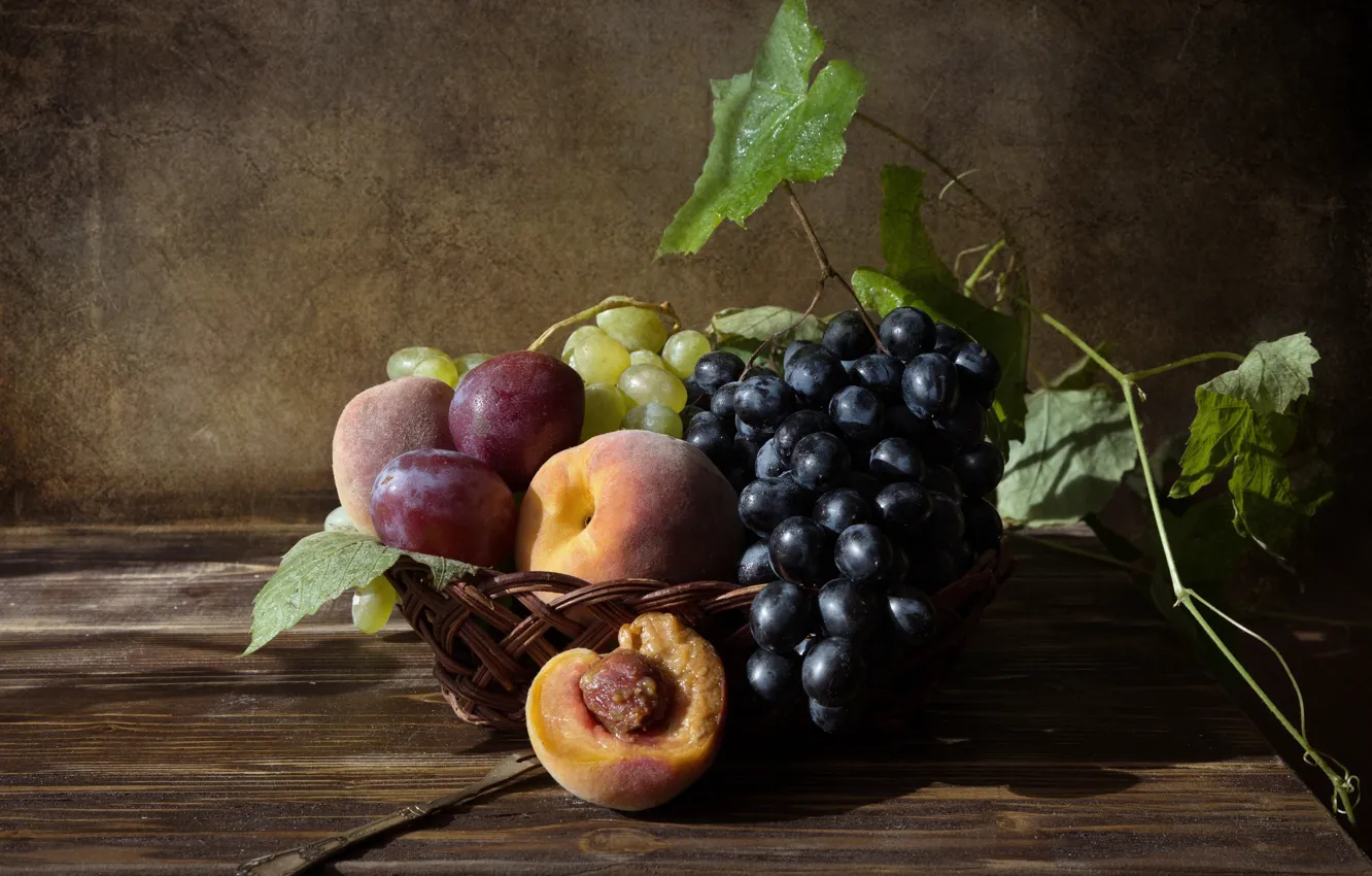 Photo wallpaper grapes, fruit, still life, peaches, plum