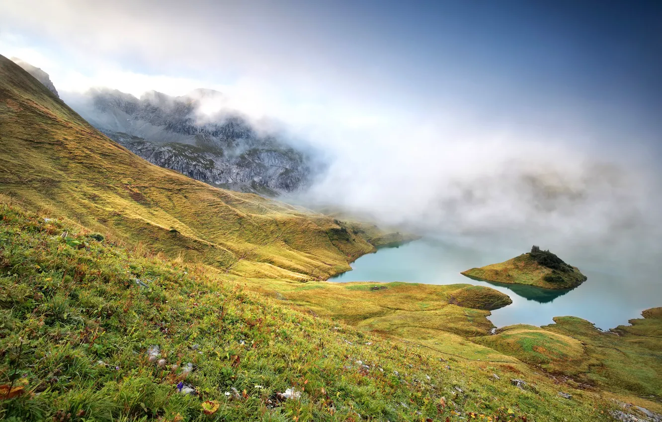 Photo wallpaper grass, mountains, fog, lake, Germany, slope, Alps, island