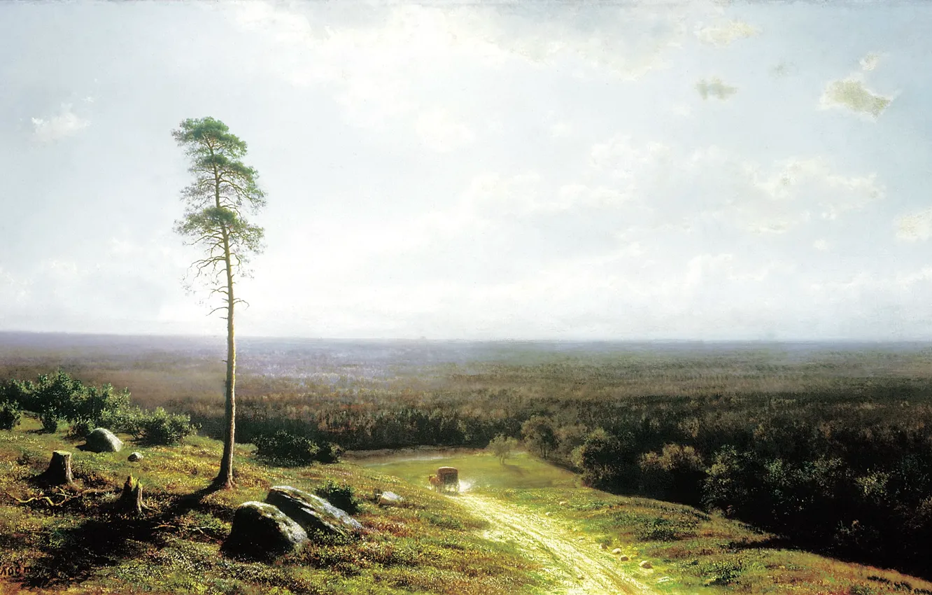 Photo wallpaper road, trees, landscape, stones, horse, heat, picture, wagon