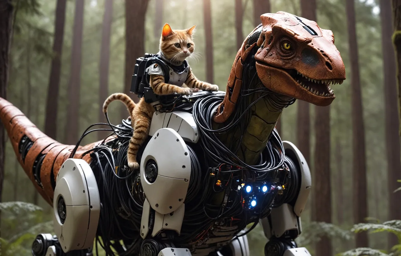 Photo wallpaper forest, cat, cat, fiction, robot, dinosaur