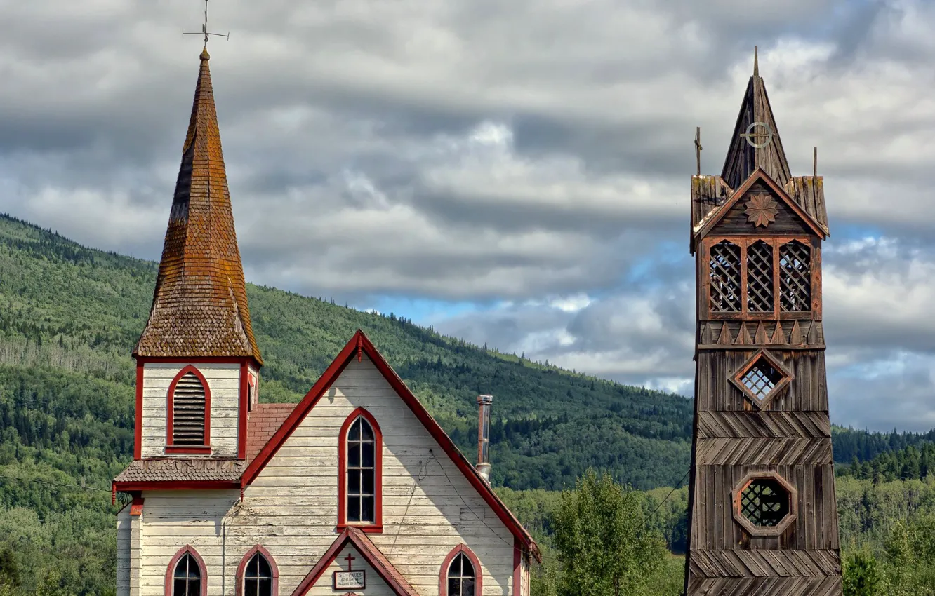 Photo wallpaper forest, the sky, the sun, clouds, trees, mountains, Church, the bell tower