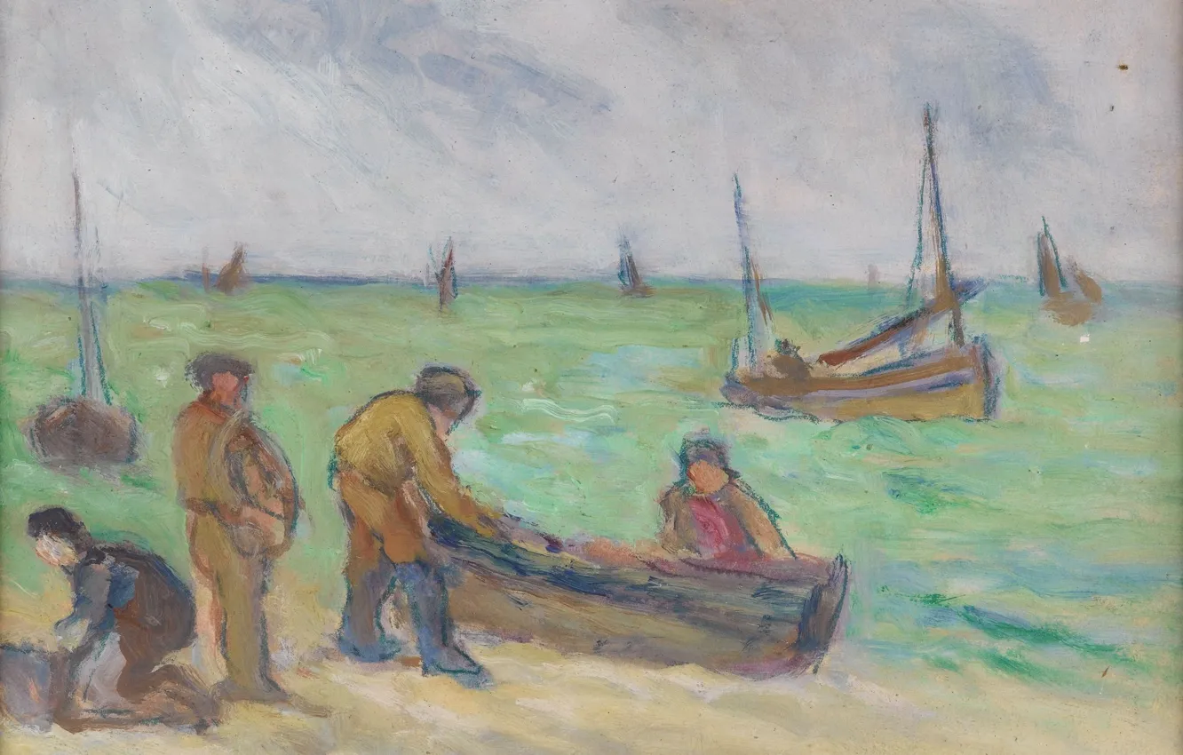 Photo wallpaper sea, boat, picture, unloading, 1936, Maximilien Luce, Maximilien Luce