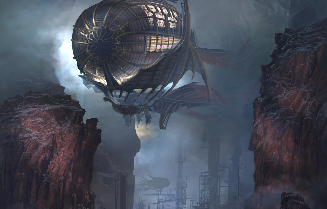 Photo wallpaper lights, fantasy, aircraft, smoke, rocks, industrial, artist, artwork