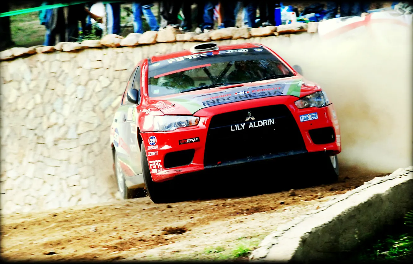 Photo wallpaper Red, Dust, Sport, Race, Skid, Mitsubishi, Lancer, WRC