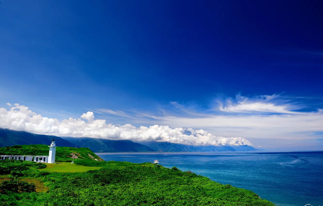 Photo wallpaper sea, greens, clouds, hills, coast, lighthouse, buildings