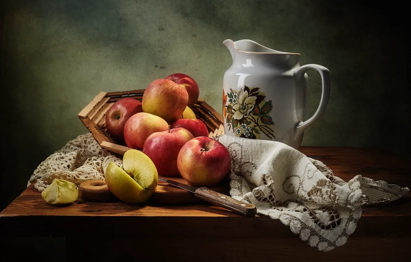 Photo wallpaper the dark background, table, apples, Apple, food, knife, dishes, red