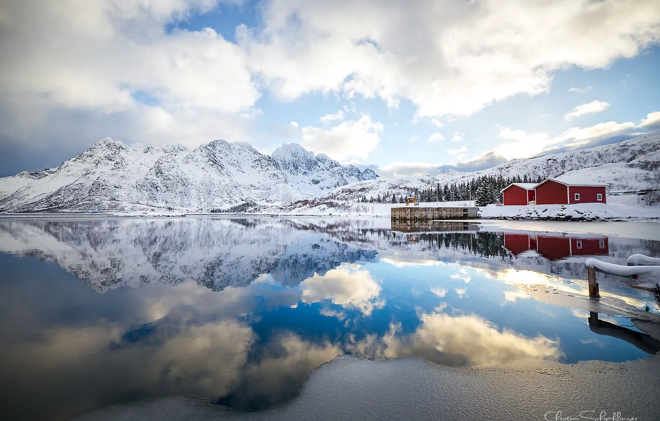Photo wallpaper clouds, mountains, reflection, morning, Norway, The Lofoten Islands