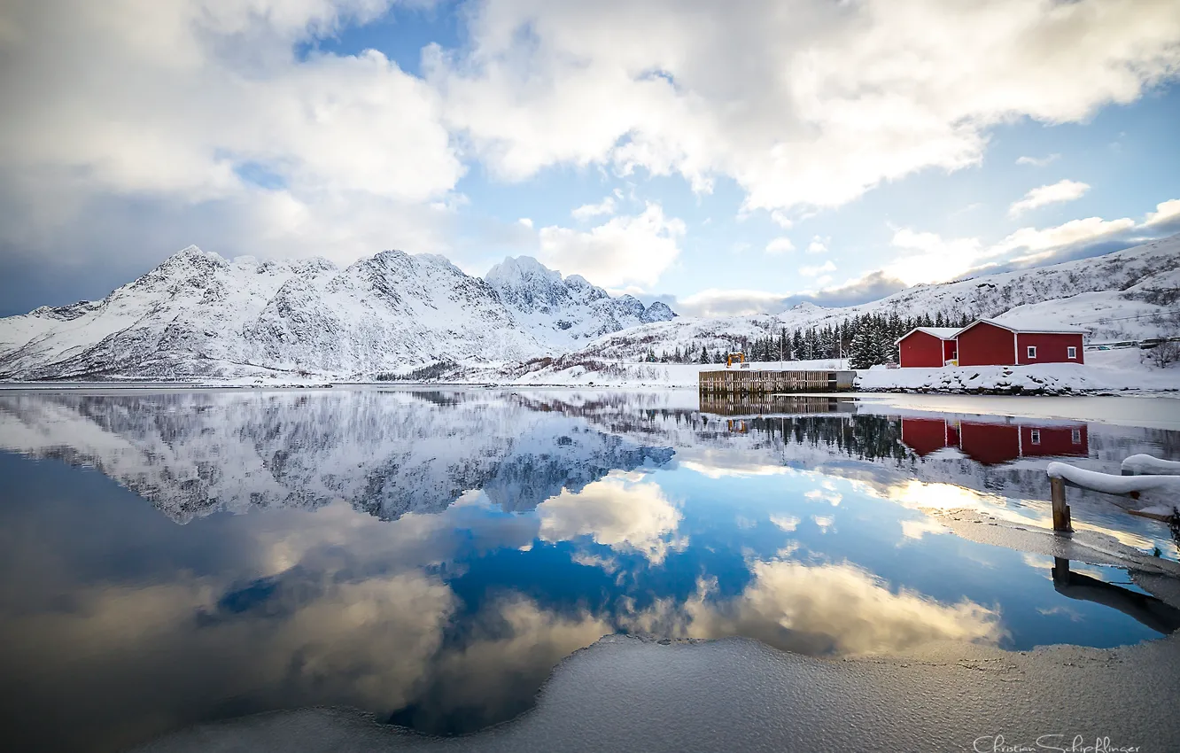 Photo wallpaper clouds, reflection, mountains, morning, Norway, The Lofoten Islands