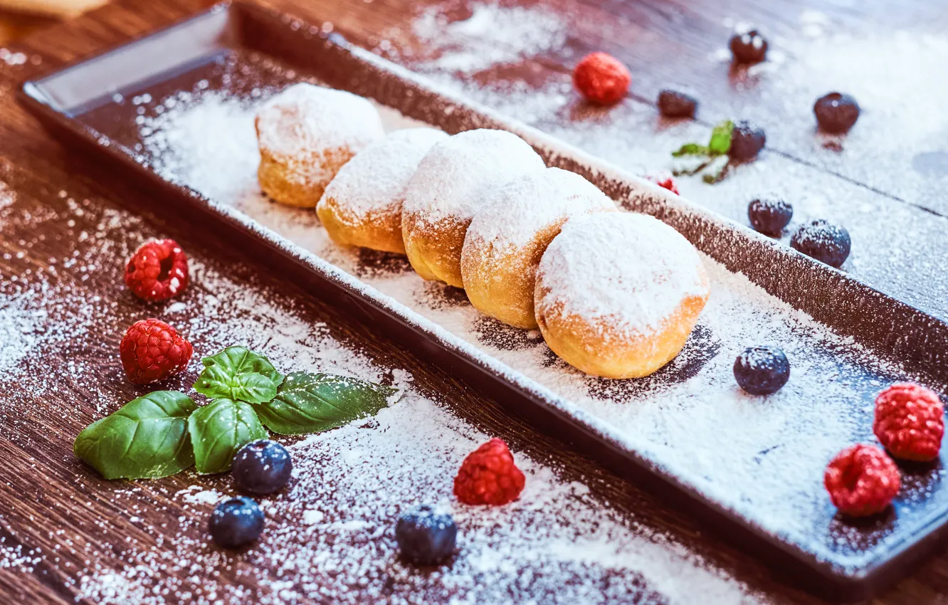 Photo wallpaper berries, raspberry, donuts, powdered sugar, blueberries