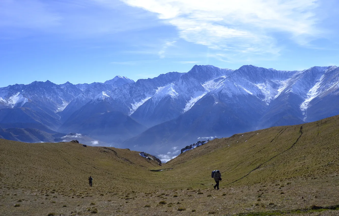 Photo wallpaper the sky, grass, the sun, clouds, landscape, mountains, nature, Russia