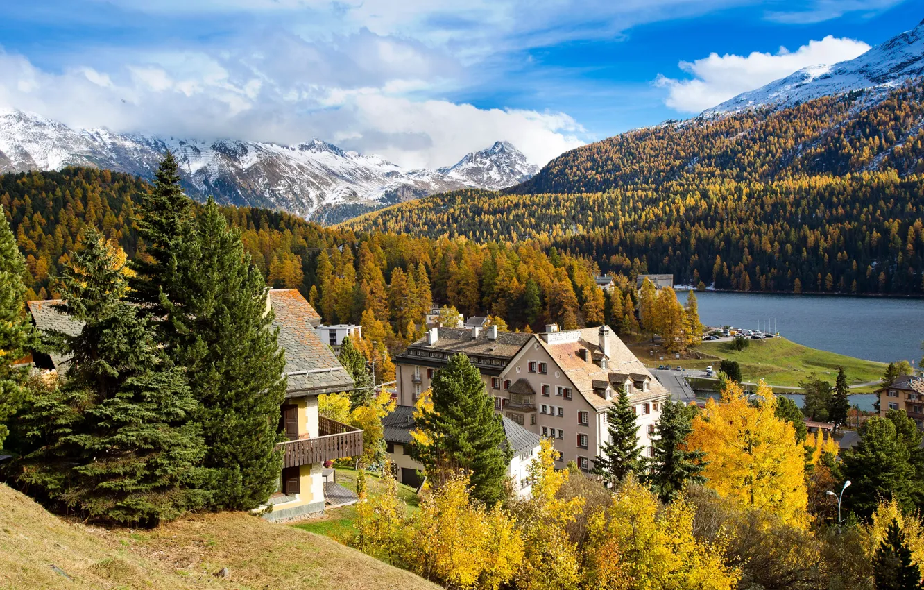 Photo wallpaper autumn, forest, mountains, river, home, Switzerland, St. Moritz