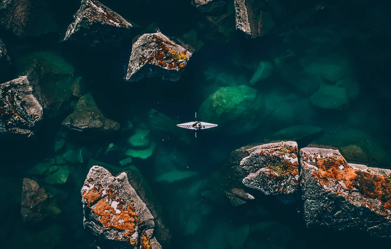 Photo wallpaper sea, water, stones, the ocean, rocks, sport, rowing, the fjord
