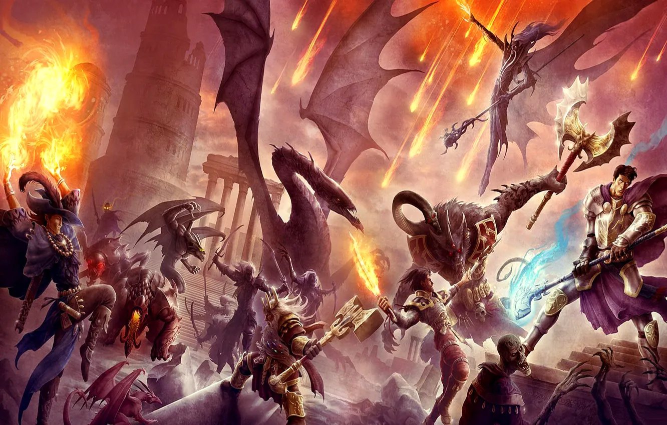 Photo wallpaper dragon, elf, people, monster, battle, dwarf, Underworld War Art Fantasy, battle Art