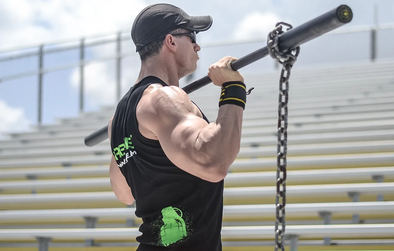 Photo wallpaper man, muscles, workout, chains, bodybuilder, weight bar