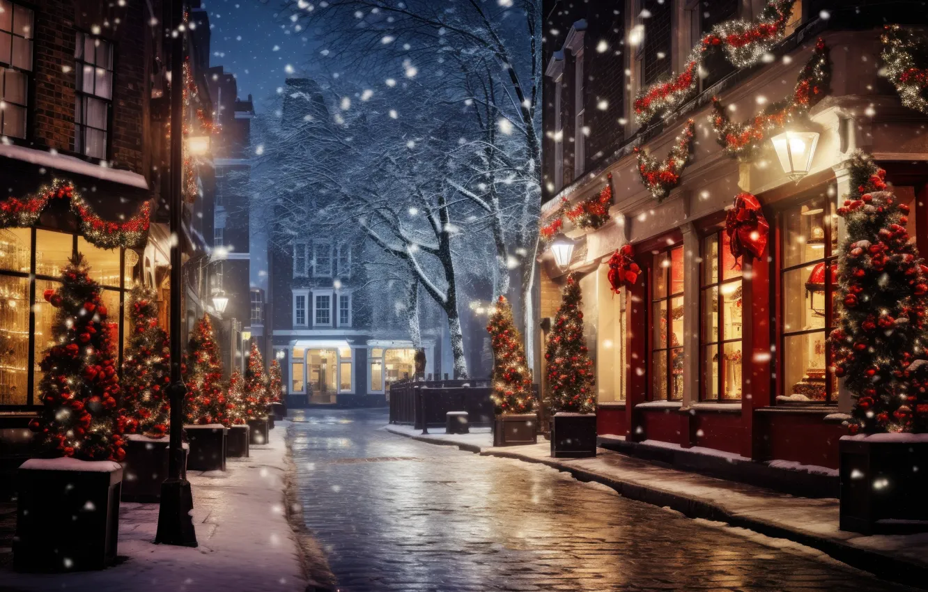 Photo wallpaper winter, snow, decoration, night, the city, lights, street, tree