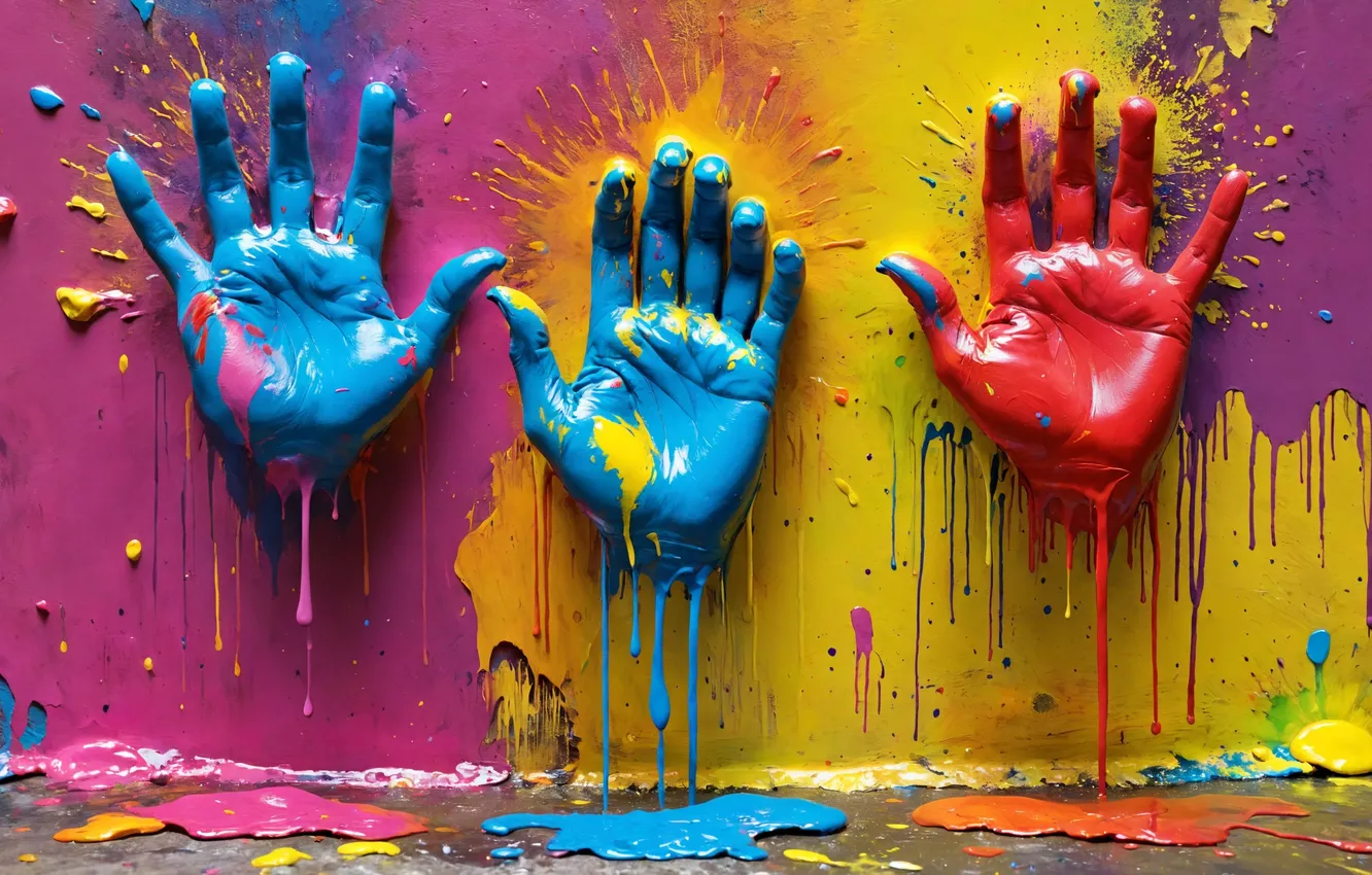 Photo wallpaper paint, color, hands, palm, 3D graphics