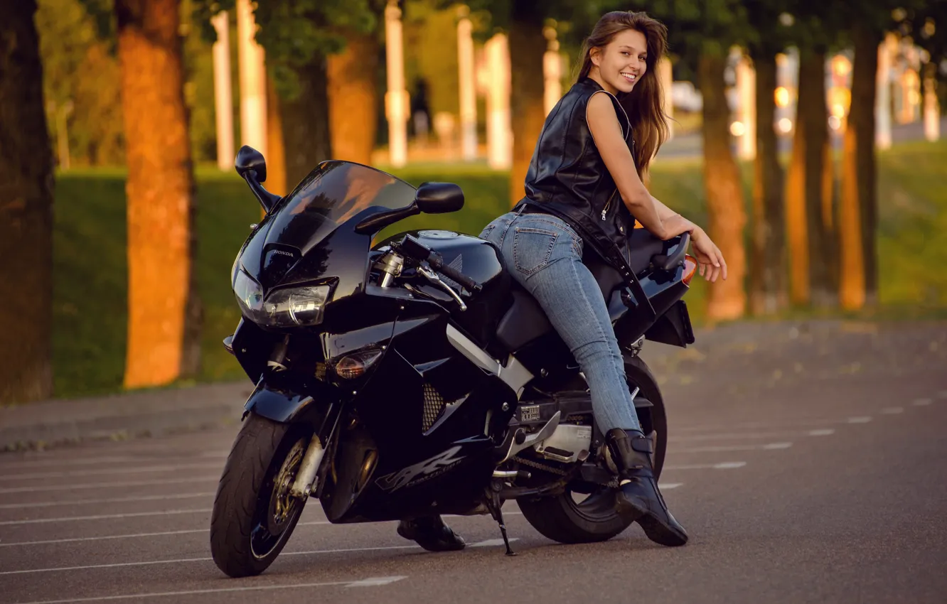 Photo wallpaper ass, road, trees, motorcycle, model, women, jeans, brunette