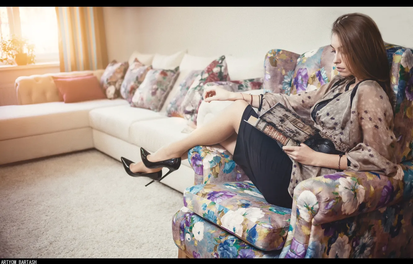 Photo wallpaper girl, interior, chair, book, legs, sitting, photographer, reading