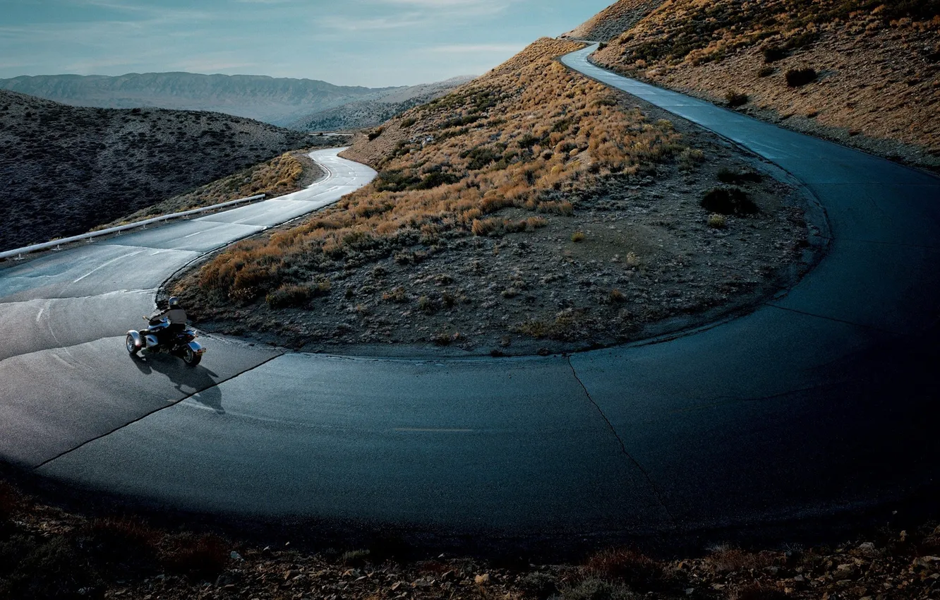 Photo wallpaper road, mountains, horizon, tricycle, trike, winding, turns