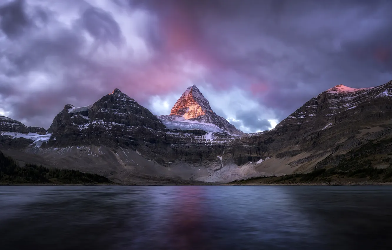 Photo wallpaper sea, water, snow, mountains, clouds, lake, morning, Canada