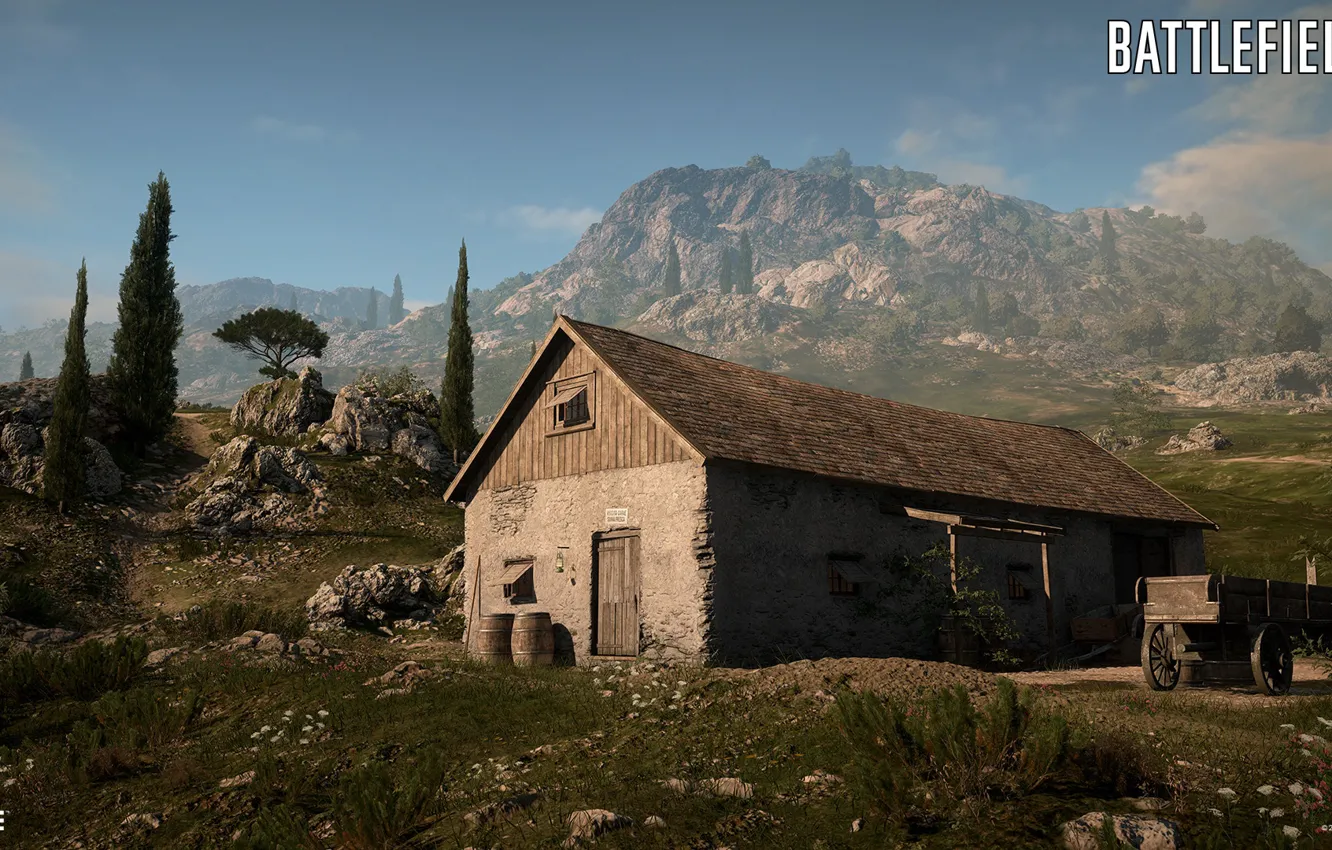 Photo wallpaper mountains, house, cart, Battlefield 1, Empire's Edge