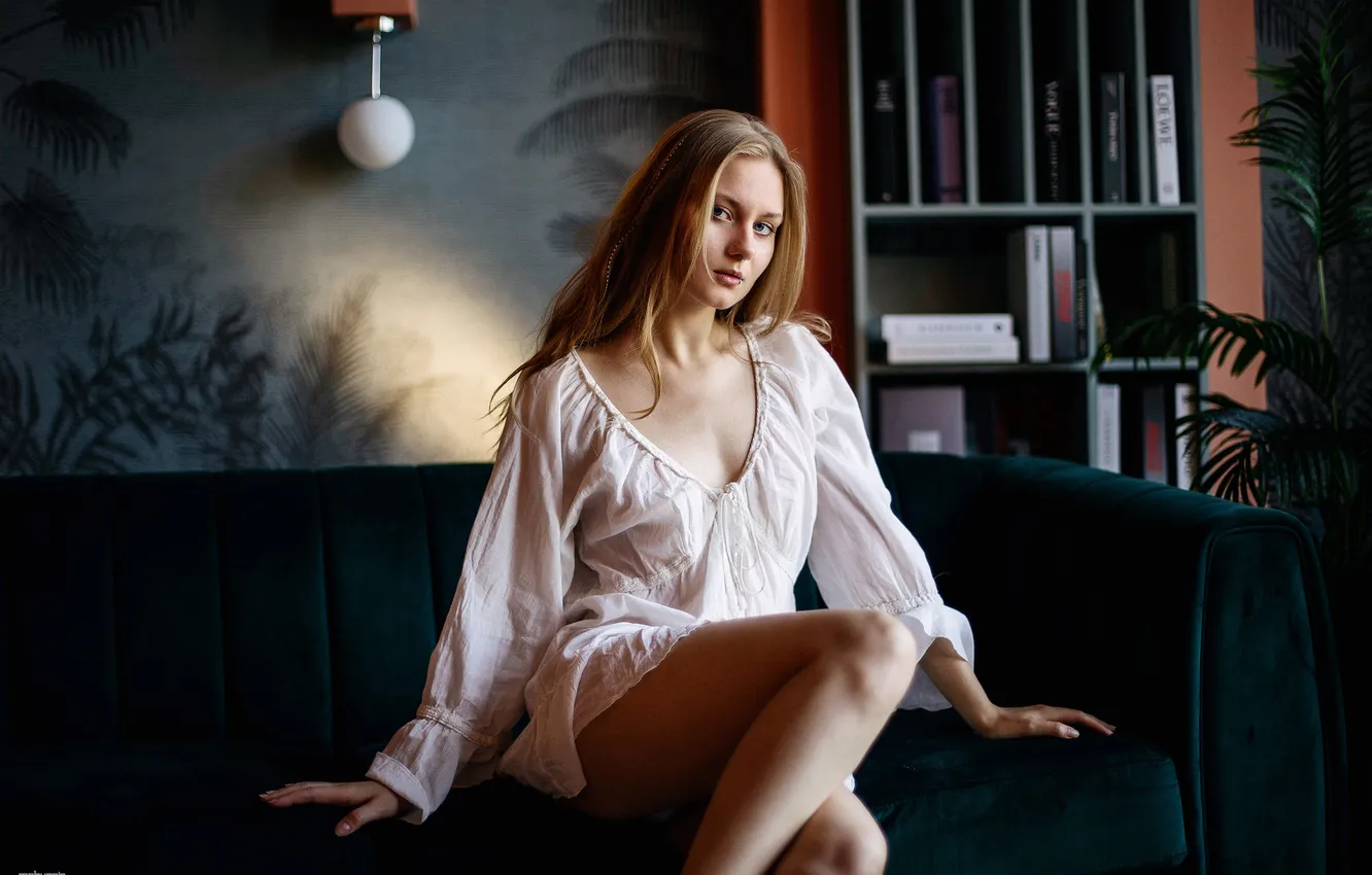 Photo wallpaper girl, model, women, blonde, plants, sitting, couch, white dress