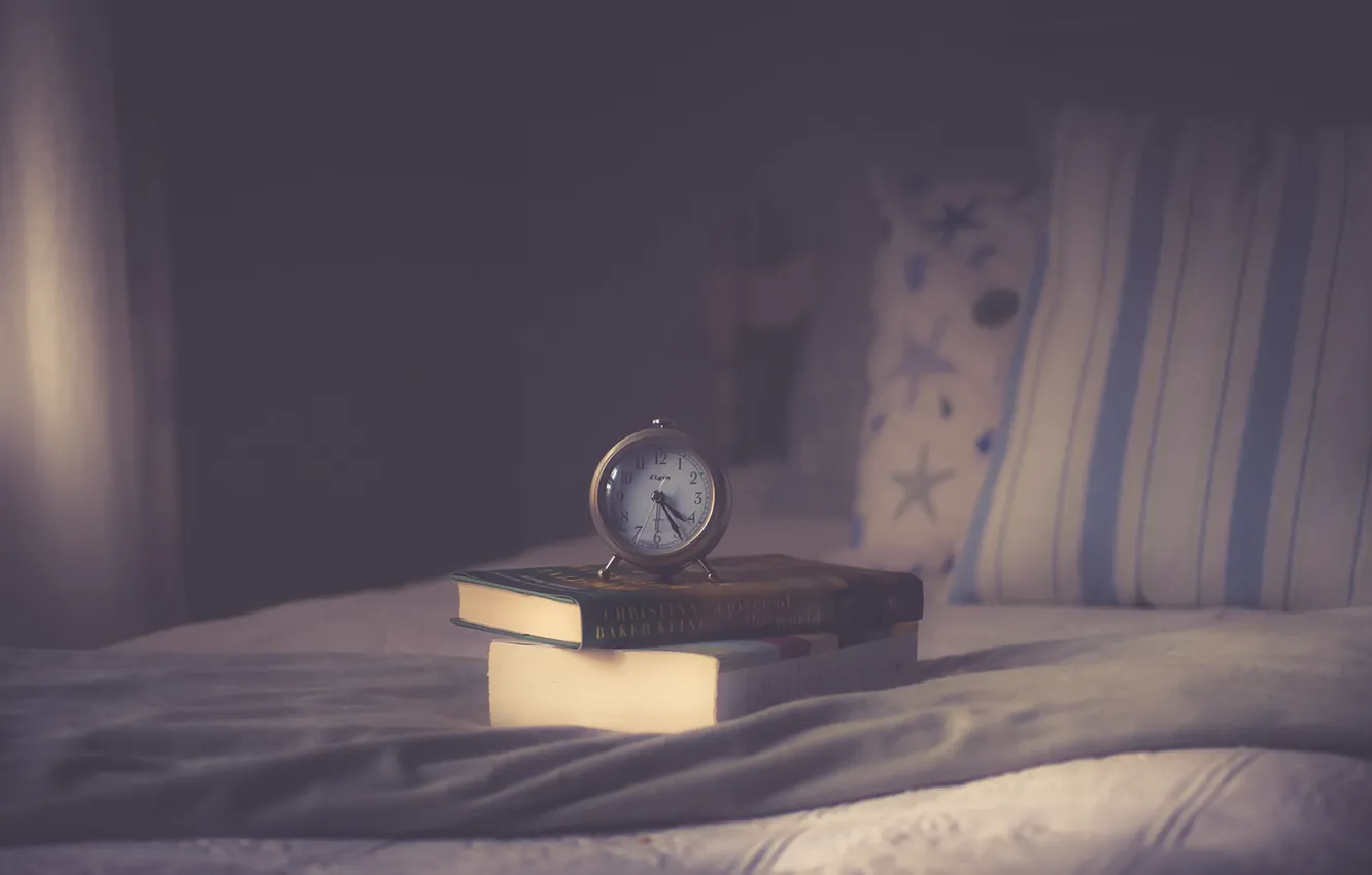 Photo wallpaper watch, bed, alarm clock, book