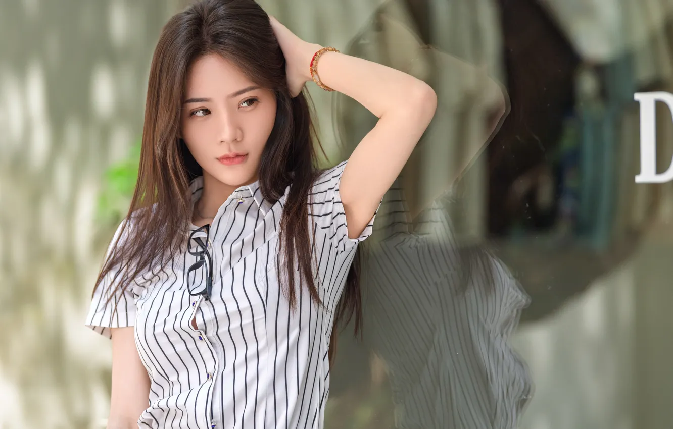 Photo wallpaper glass, girl, pose, reflection, hands, brunette, Asian, long hair