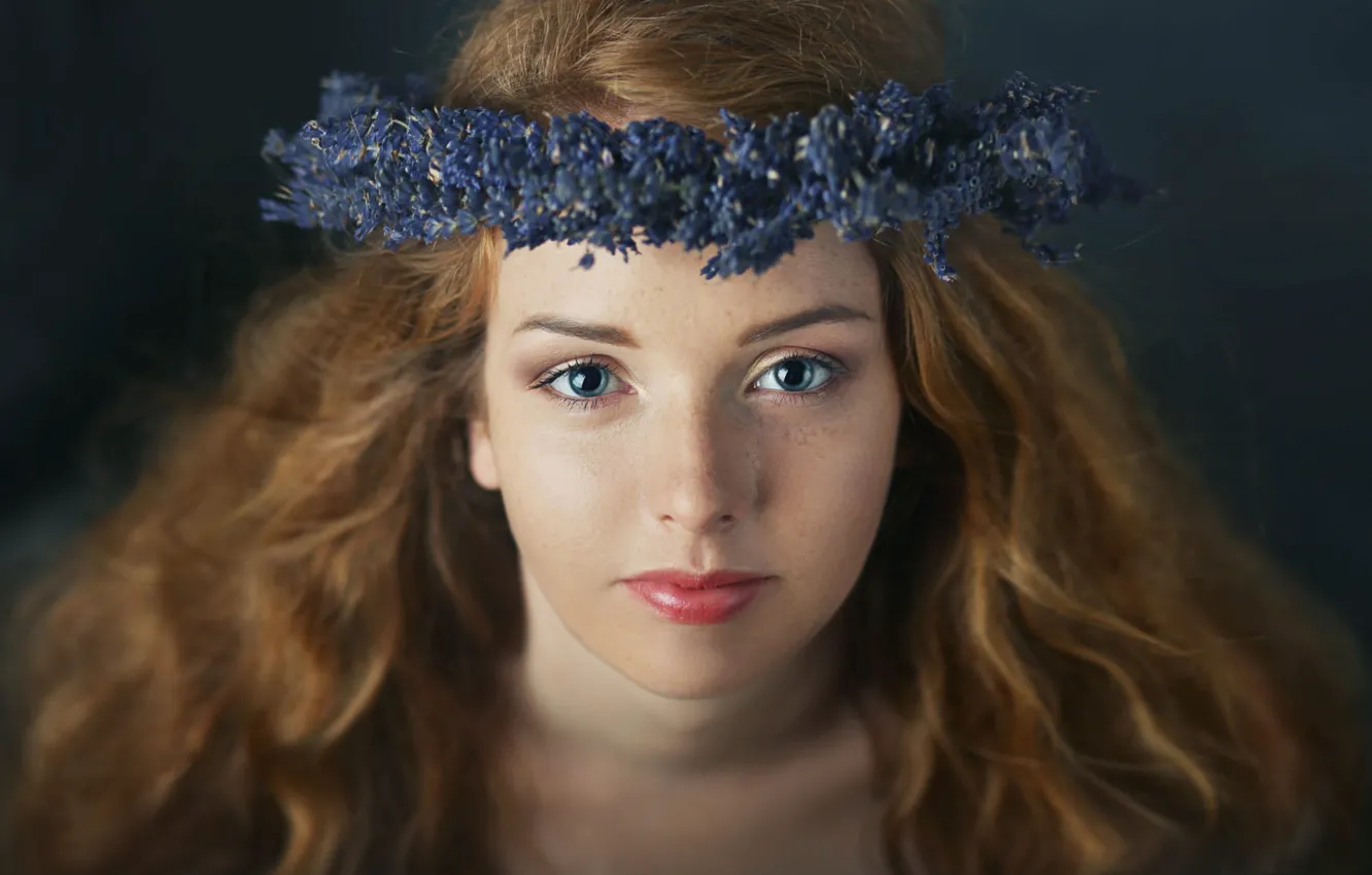 Photo wallpaper look, girl, flowers, close-up, blue, face, background, hair