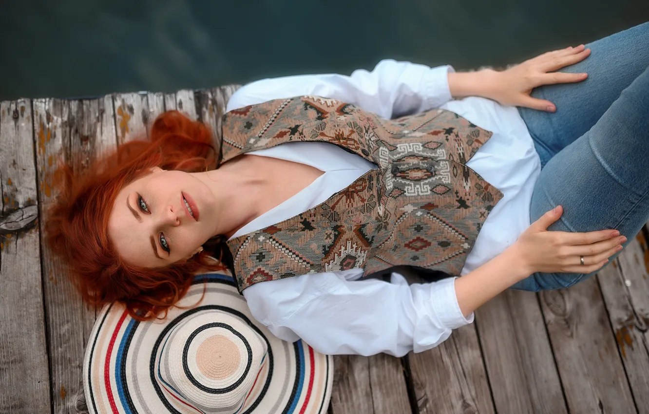 Photo wallpaper look, girl, pose, Board, hat, red, redhead, vest