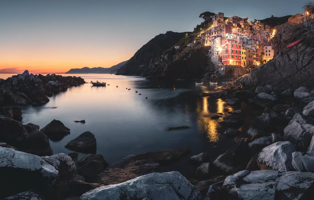 Photo wallpaper sea, night, the city, stones, shore, home, Italy, Riomaggiore