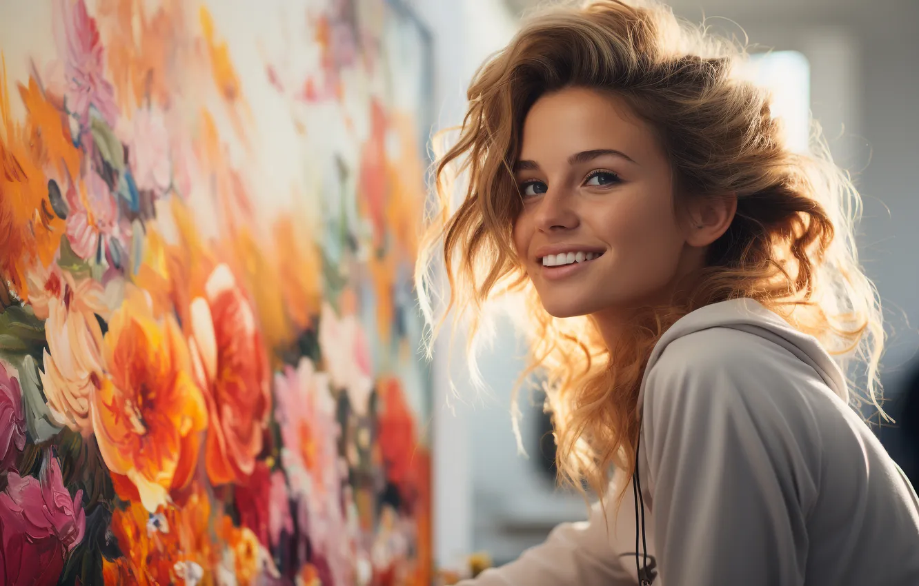 Photo wallpaper look, girl, flowers, face, smile, portrait, picture, artist