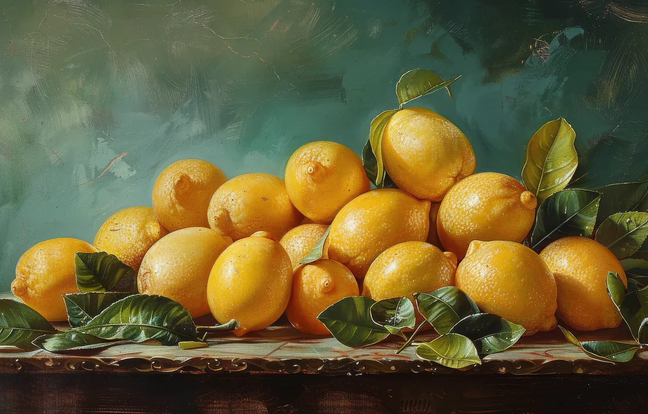 Photo wallpaper leaves, table, lemon, harvest, fruit, citrus, fruit, still life