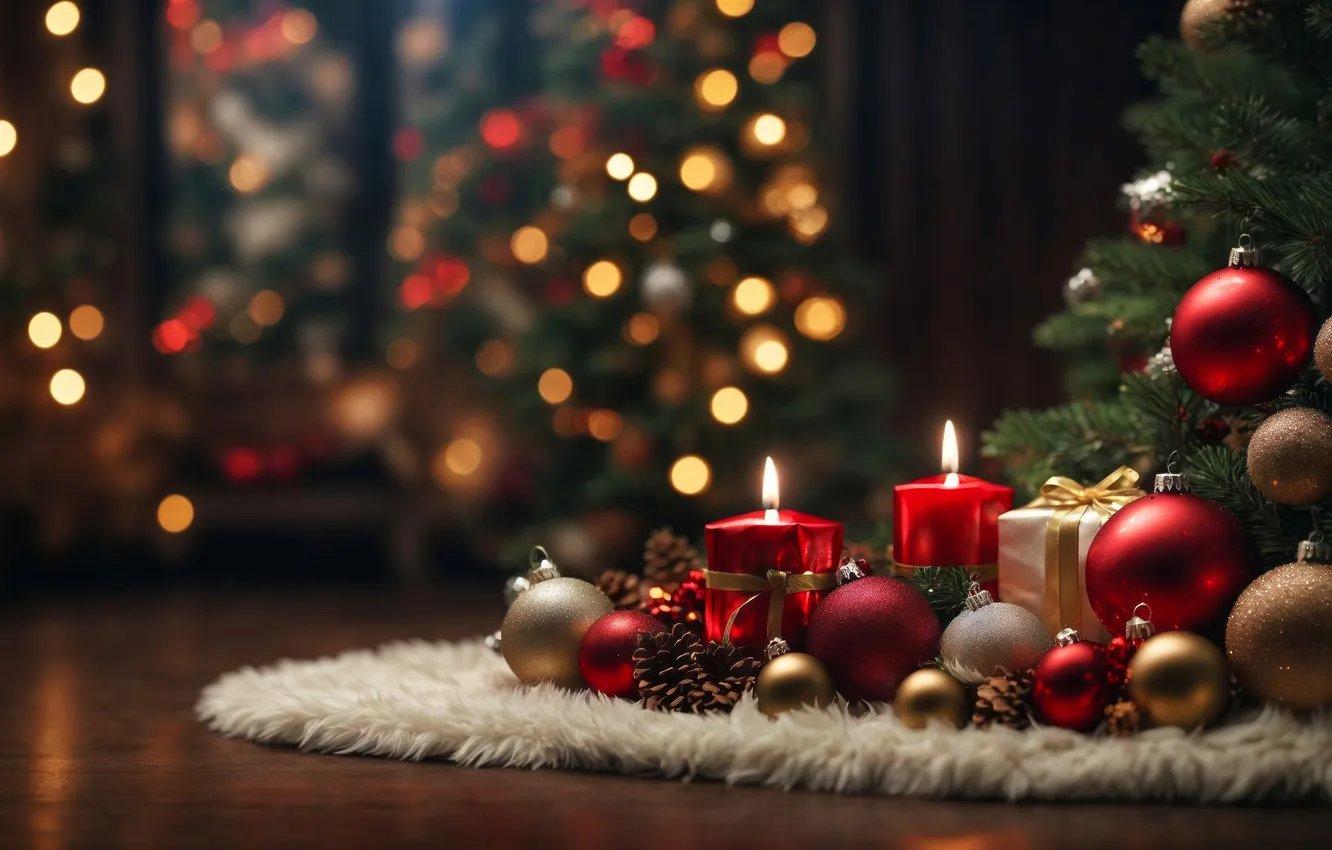 Photo wallpaper balls, lights, gift, new year, candles, Christmas, Mat, herringbone