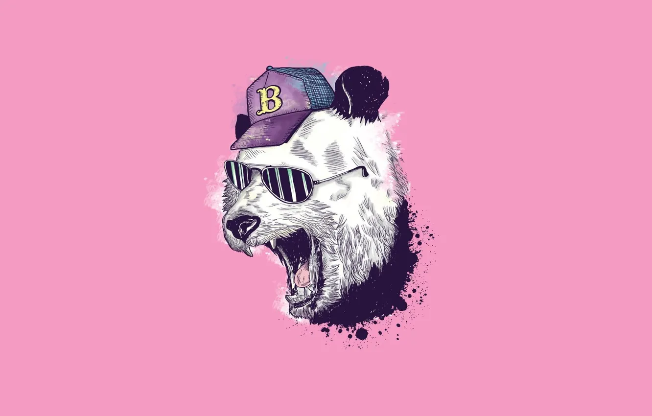 Photo wallpaper humor, Minimalism, glasses, mouth, Panda, baseball cap, pink