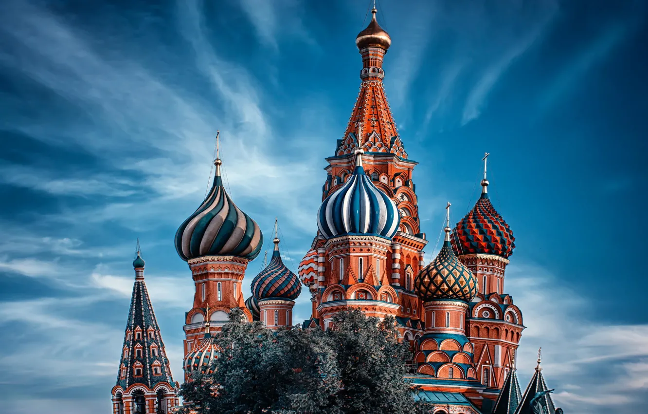 Photo wallpaper the sky, clouds, Moscow, temple, St. Basil's Cathedral, Russia, Moscow, dome