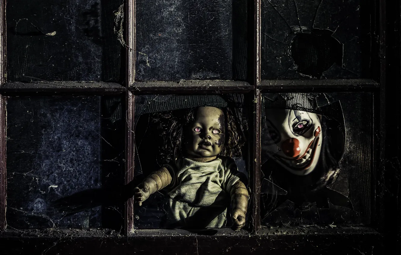 Photo wallpaper fear, doll, mask, window