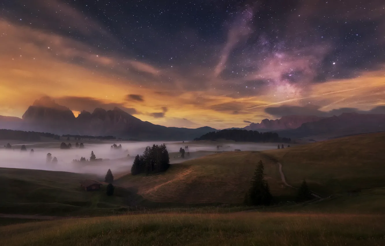 Photo wallpaper summer, the sky, stars, trees, landscape, mountains, night, nature