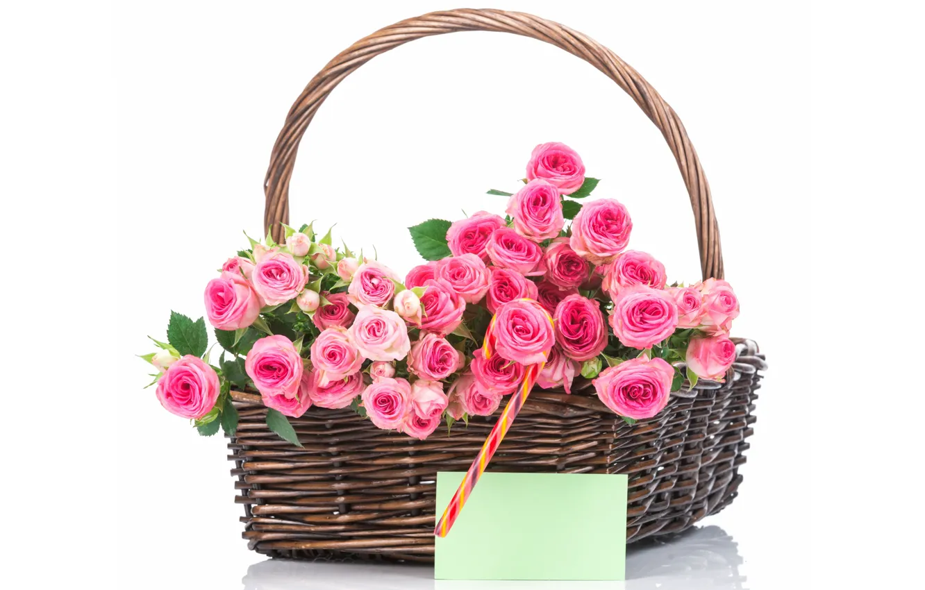 Photo wallpaper basket, roses, bouquet, pink, flowers, roses, basket