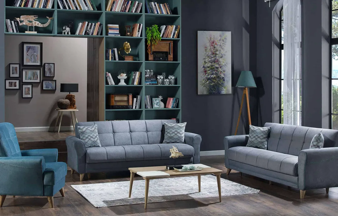 Photo wallpaper design, style, room, interior, library, living room, upholstered furniture, The combination of colors