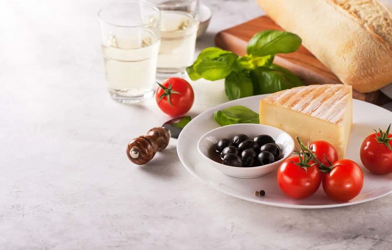 Photo wallpaper oil, cheese, tomatoes, olives, chiabatta