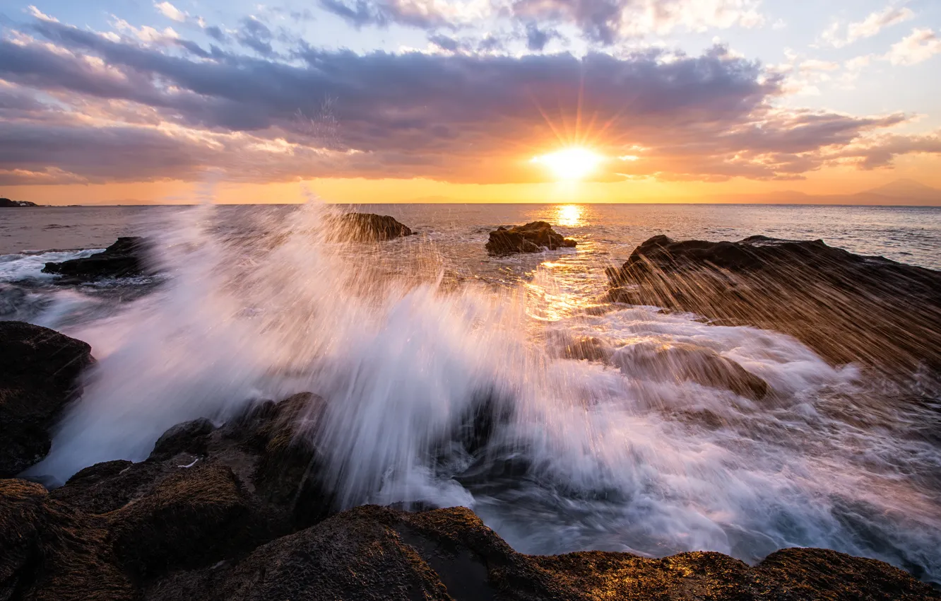 Photo wallpaper the sky, the sun, clouds, rays, sunset, stones, shore, the evening