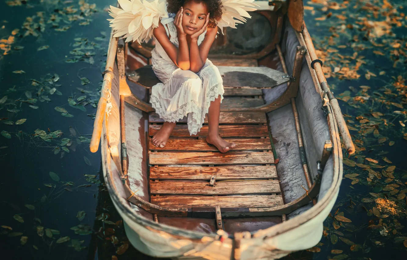 Photo wallpaper pose, mood, boat, wings, angel, girl, curls, pond