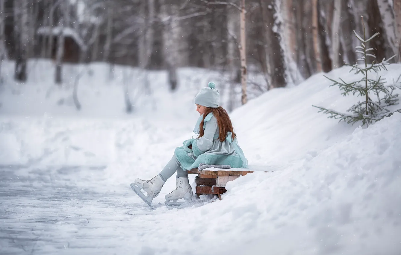 Photo wallpaper winter, snow, trees, nature, children, girl, rink, skates